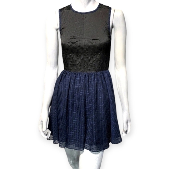 RACHEL ROY Dress Sleeveless Black Fitted Top Blue Flowy Lurex Full Skirt Women 4 - Picture 1 of 14